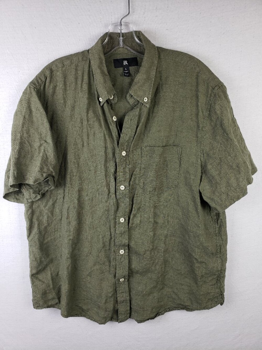 Banana Republic 100% Linen Shirt Button-Down Collar Olive Green Short Sleeve L
